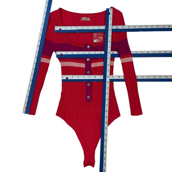 Free People Intimately Cocoa Bodysuit S Red Combo Striped Ribbed Knit Henley - Picture 5 of 14
